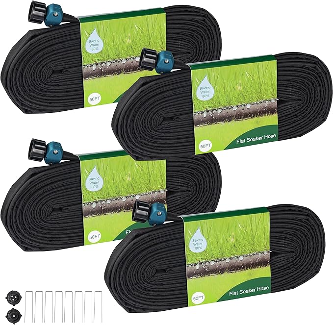 Hourleey Flat Soaker Hose 200 FT for Garden, 200' (50FT x 4) Linkable Consistent Drip Irrigation Hose, Leak-free Dual-layer Design Saving 80% Water Garden System Water Hose with Holes