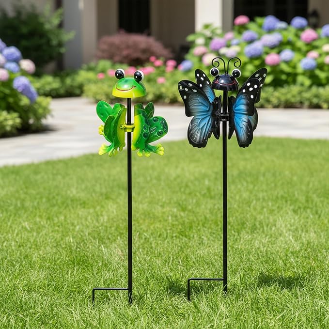 2-Pack Metal Wind Spinners – Exclusive Kinetic Design, Weather-Resistant 360° Rotating Outdoor Garden Art, Unique Yard Decor Gift for Patio Lawn (Frog & Butterfly)