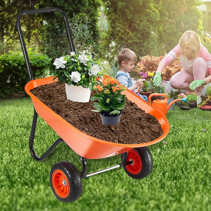 VEVOR Wheelbarrow Cart, 5 Cu. Ft. Load & 397 lbs Capacity, 2 Wheels Garden Dump Cart, Garden Wagon with Handle & 10" Wide Track Wheels, Easy Loading Utility Yard Cart & Wagons for Outdoor Lawn Yard