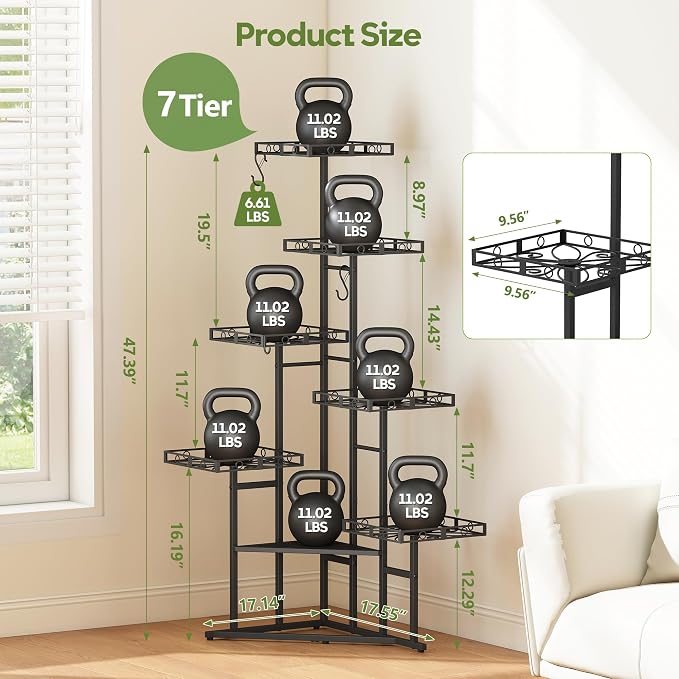 Quikraen 46" Tall Plant Stand Indoor,Multiple Tiers Corner Plant Shelf for Corner,7-Tier Large Metal Flower Holder, Plant Rack for Home Decor, Patio (Black)