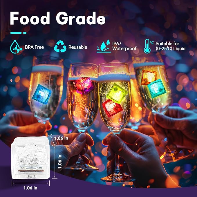 Light Up Ice Cubes for Drinks 48 Pack 7-Color Light Up Ice Cube IP67 Waterproof Led Ice Cube Reusable Ice Cubes for Cocktails Bar Nightclub Party Wedding Swimming Pool Bath Garden Decor