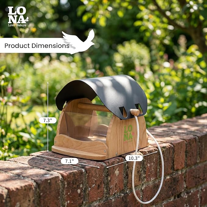 LONA Wooden Bird Feeder for Outdoors Hanging, Large Capacity Hopper with Weatherproof Roof Birdfeeder for Feeding Outside Garden Wild Birds Cardinals Finches Robin Sparrow Blue Jay Chickadees