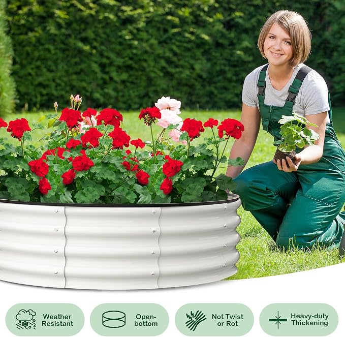 Garvee Galvanized Raised Garden Bed, 2Pcs Raised Garden Beds Outdoor, Round Planter Raised Beds with Gloves and Rubber Edge Trim for Vegetables, Flowers and Herbs, 2x2x1 FT, White