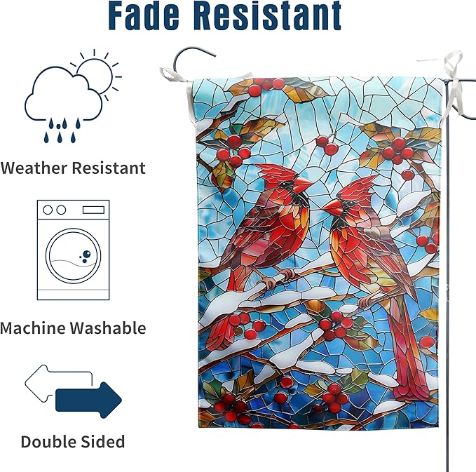 Winter Cardinal Bird Garden Flag for Outside 28x40 Stained Glass Red Birds on Snow Pine Tree Flag Christmas House Flags Large Outdoor Welcome New Years Yard Flag Double Sided