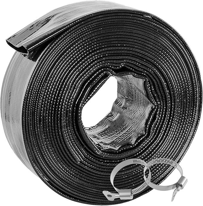 Poolvio Backwash Hose 2" x 50 ft, Heavy-Duty Lay-Flat Reinforced PVC Discharge Hose with 2 Stainless Steel Thumb Screw Clamps, Leak-Resistant for Inground & Above-Ground Pool Filters