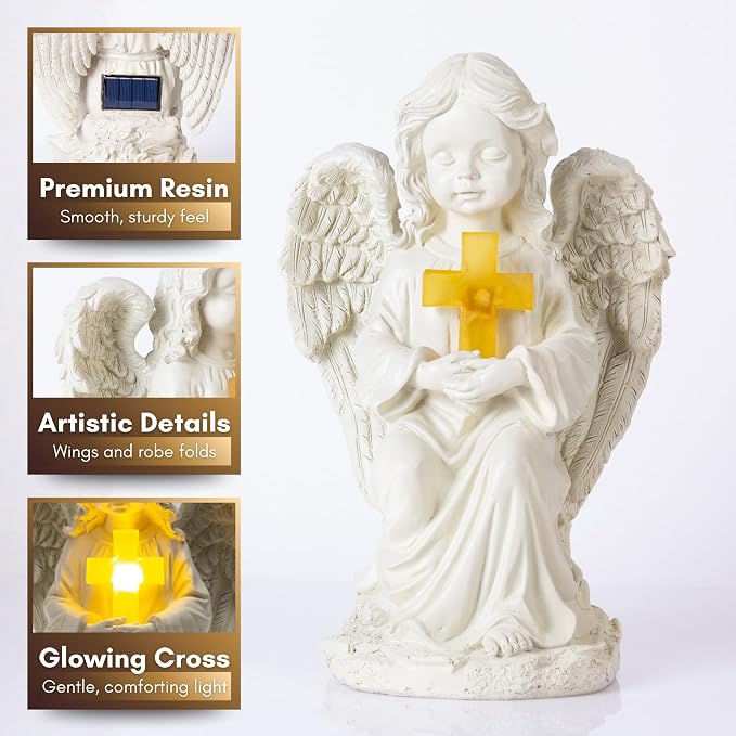 TIALLY Solar Angel Garden Statue with Glowing Cross – Large Angel Figurines with Soft Glow, Weatherproof Outdoor Statues for Memorial Decor, Yard, Lawn or Cemetery Use, Angels Gifts for Women