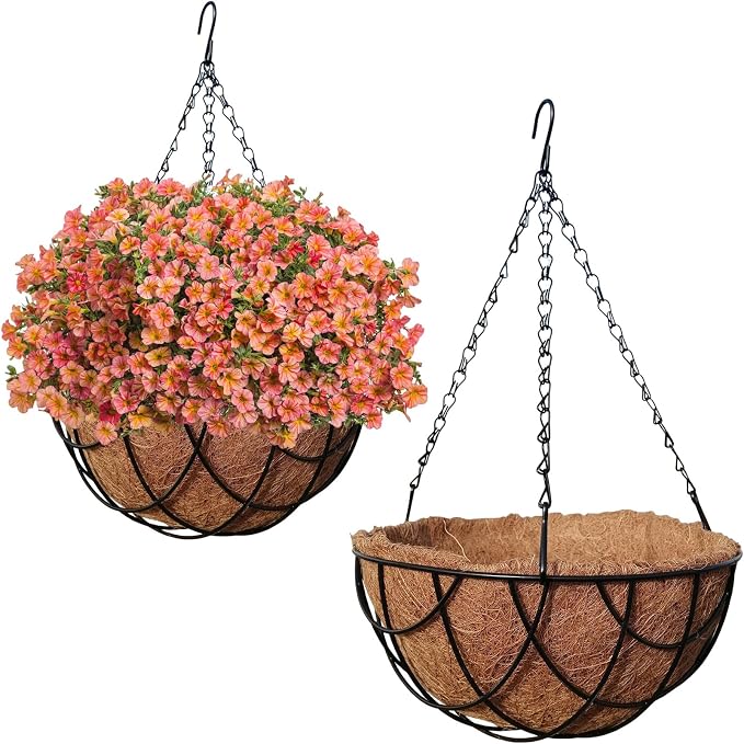 MTB Supply 2 Pack 14 Inch Garden Hanging Baskets Vintage Geo with Coco-Liner for Home Balcony Patio Decoration Outdoor Hanging Planter