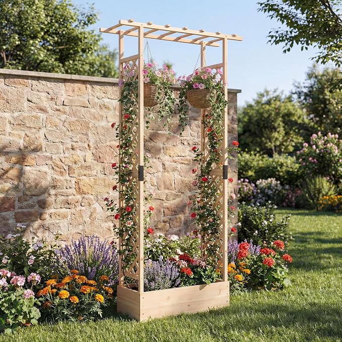 HAPPYGRILL 89" Raised Garden Bed with Trellis & Hanging Roof, Wooden Planter Box with 4 Drainage Holes, Outdoor Wood Elevated Garden Bed for Climbing Plants Vines Vegetables Flowers (Natural,1)