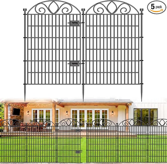 5 Panels No Dig Tall Garden Fence with Gate – 44" H X 11.8' L Rustproof Metal Dog Fence Outdoor for Yard, Decorative Animal Barrier Fence for Pet, Garden Border, Patio, Flower | Temporary Fencing