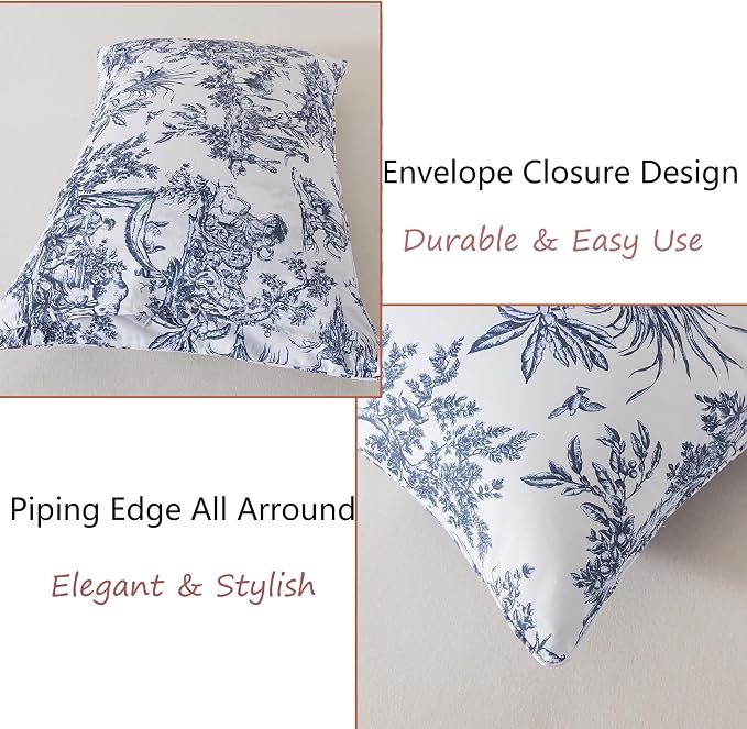 FADFAY Toile Sheet Set Queen Classic Blue & White 100% Egyptian Cotton French Country Bedding Toile de Jouy Pastoral Scenic Farmhouse Bedding Deep Pocket Sheets Breathable Soft for All Seasons 4Pcs