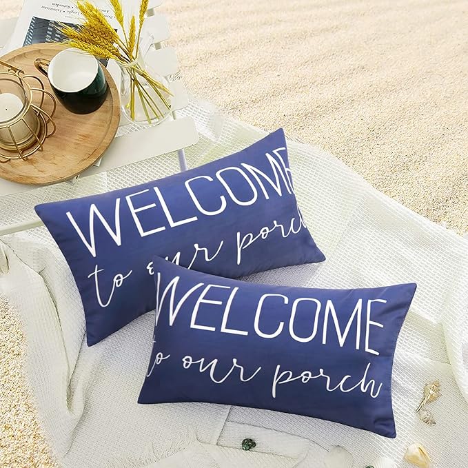 Merrycolor Pack of 2 Navy Blue Outdoor Waterproof Lumbar Pillow Covers 12x20 Decorative Waterproof Outdoor Pillows for Patio Furniture (Welcome)