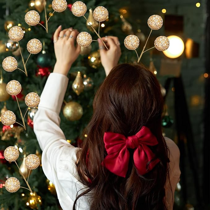 Norme 6 Pcs 15.8" Christmas Glitter Ball Tree Picks Christmas Ball Decorations Artificial Berry Stems Branches for Filler Vase Home Xmas Tree Party Holiday Decor(Champagne)