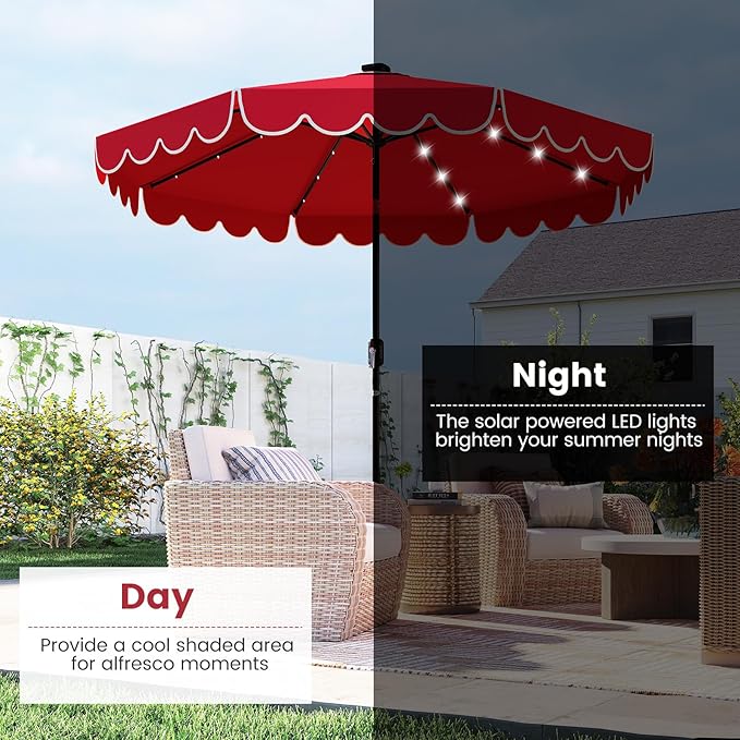 Tangkula 9 FT Solar Patio Umbrella, 2-Tiers Scalloped Outdoor Table Market Umbrella with 32 LED Lights, Vented Top, Tilt Adjustment, Crank, 8 Ribs for Backyard Poolside Deck Beach Lawn (Red)