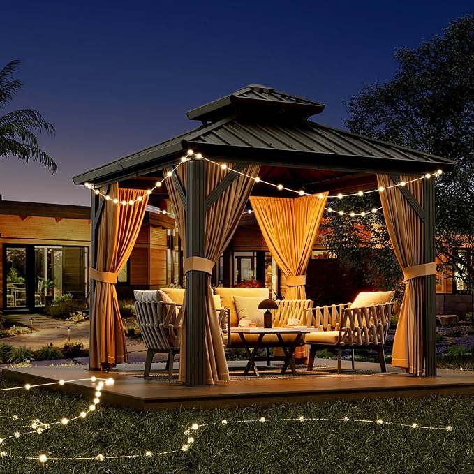 10'x10' Hardtop Gazebo, Heavy Duty Aluminum Permanent Hardtop Gazebo Outdoor Pavilion with Curtains and Netting for Garden