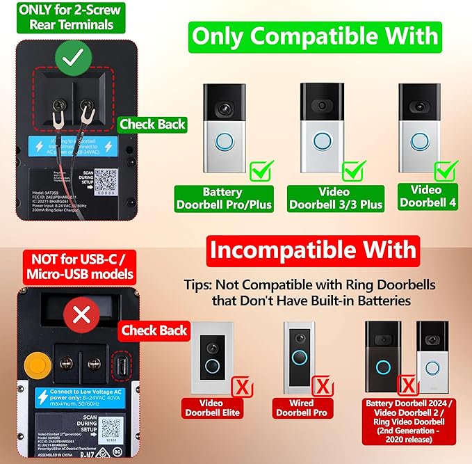 Solar Charger for Ring Doorbell with Built-in Energy Storage – Solar Panel Compatible with Ring Battery Doorbell Plus/Pro and Video Doorbell 3/3 Plus/4, Weatherproof Continuous Charging