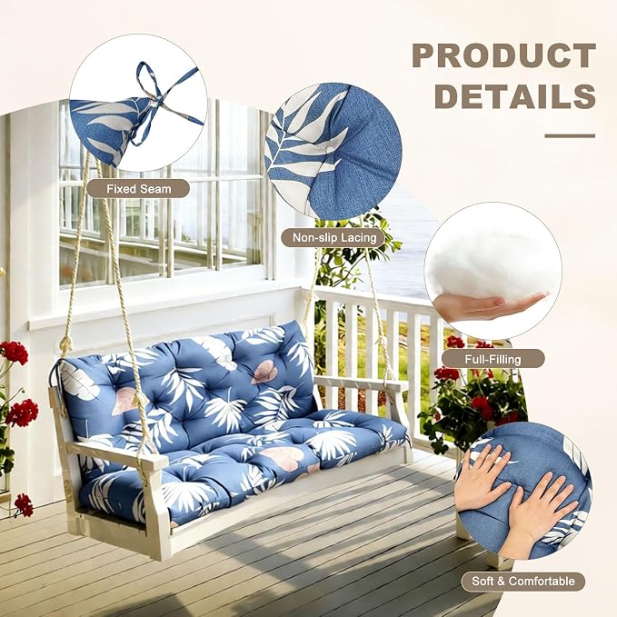 Porch Swing Cushion with Backrest,Waterproof Bench Cushion for Outdoor Furniture,2-3 Seater Replacement Thickened Swing Cushion with Ties,Patio,Outdoor,Backyard and Garden (Tropical Leaf,40x40")