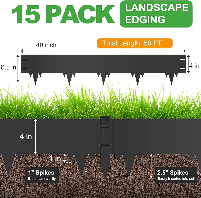 15-Pack Metal Landscape Edging (50ft Total), 40" x 6.5" Steel Garden Edging Border w/ 15 Stakes, Rustproof Hammer-in Edging for Landscaping, Lawn, Yard, Tree Rings, Flower Beds