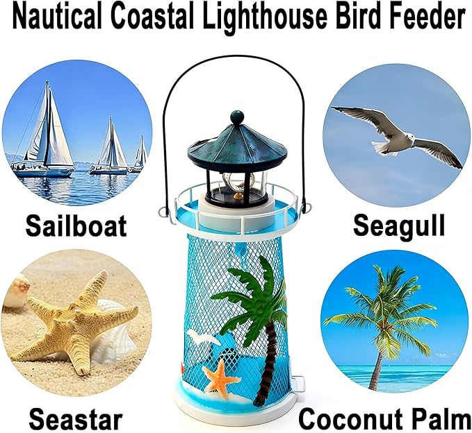 Solar Lighthouse Bird Feeder with Rotating Beacon - 14" Hanging Best Birdfeeder Gifts for Bird Lovers(Beach Blue)