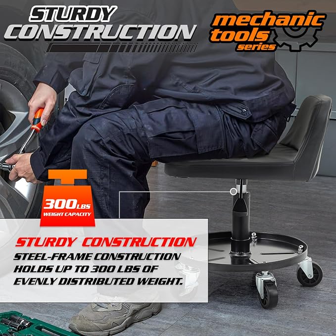 M-AUTO Padded Seat Mechanic Stool with Wheels, 16”-21” Height Adjustable Swivel Mechanics Seat with Tool Tray Storage for Garage and Garden, 300lbs Capacity