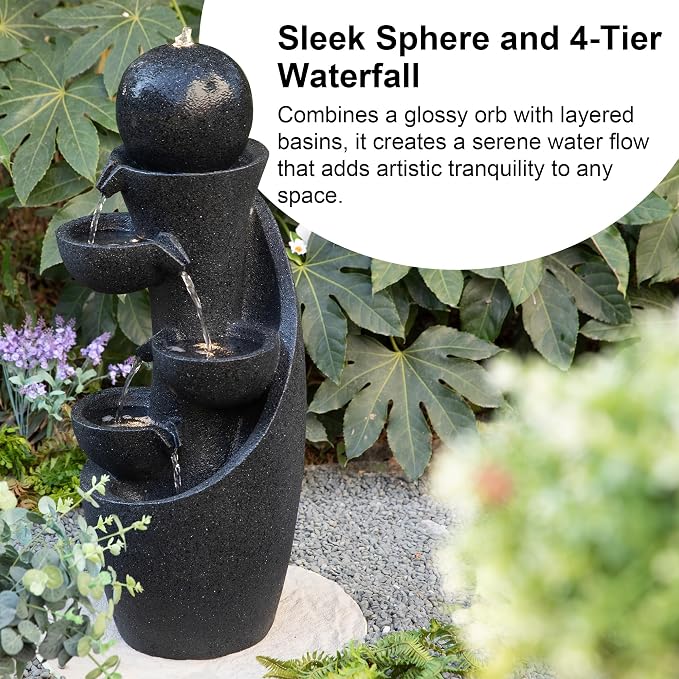 Glitzhome Outdoor Water Fountain with LED Light & Pump, Modern 5-Tier Bowl and Sphere Polyresin Outdoor Fountain, 33.5" Cascading Waterfall Fountain Water Feature for Porch Deck Patio Backyard Decor