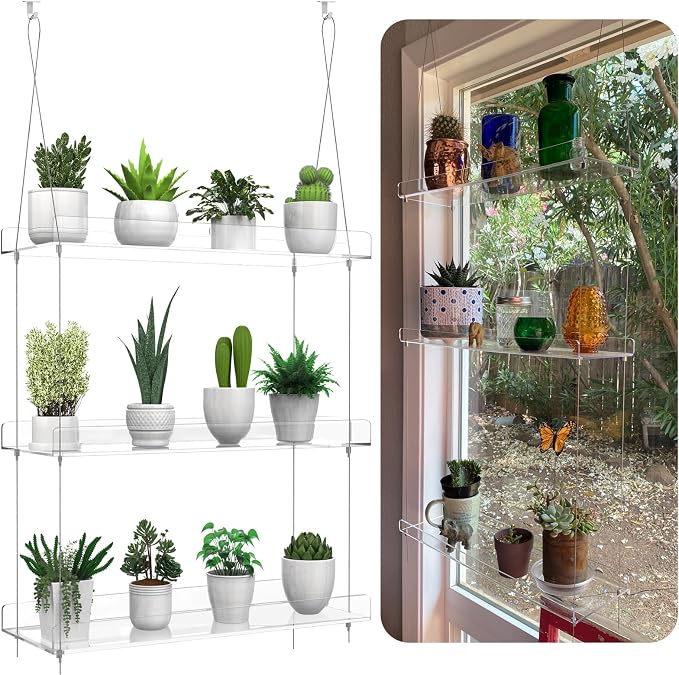 3-Tier Hanging Clear Plant Shelves for Windows, Acrylic Window Wall Plant Stand Shelf for Kitchen Indoor Gardens, Flower, Herb, Seedling Organization, and Pots Display, 16 Inch per Tier