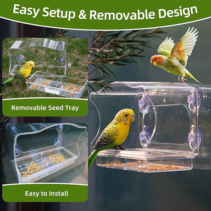 Window Bird Feeder with Strong Suction Cups - Clear Acrylic Bird Feeders for Outdoor Use, Easy-to-Clean Viewing Box for Cats and Birdwatching, Large Capacity, Curved Design for All-Weather Durability