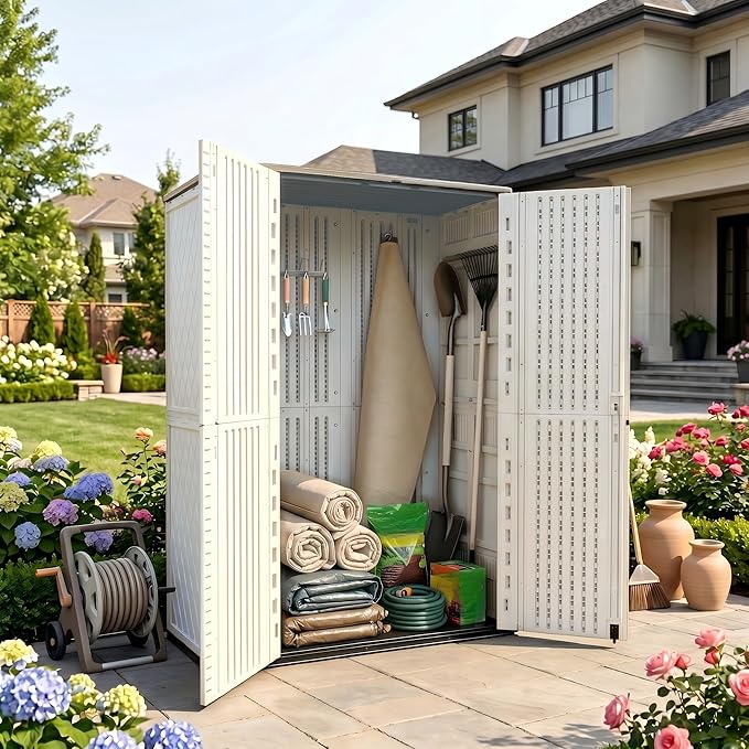 Outdoor Storage Shed 66 cu.ft, Waterproof Resin Vertical Cabinet Double-Layer for Patio Furniture, Garden Tools, Lawn Mower, Pool Accessories, UV Resistant for Yard Balcony – Shelves Not Included