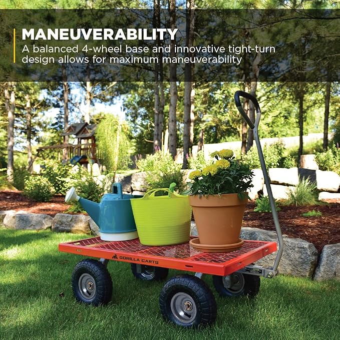 Gorilla Carts Steel Utility Cart, 4 Cu Ft Bed, 800 lb Load Capacity, Red – Heavy-Duty Outdoor Hauling Wagon with Removable Side Panels for Yard, Lawn, Garden or Landscaping
