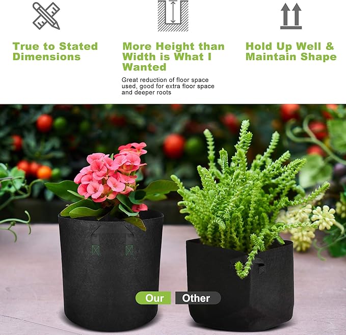 GreenTiger Tall Grow Bags, 6-Pack 10 Gallon Grow Pots with Handles, Improved 320G Thickened Aeration Fabric Deep Plant Growing Bags, Designed for Indoor/Outdoor Vegetables and Flowers, Classic Black