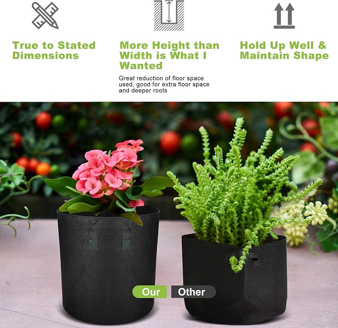 GreenTiger Tall Grow Bags, 8-Pack 7 Gallon Grow Pots with Handles, Improved 300G Thickened Aeration Fabric Deep Plant Growing Bags, Designed for Indoor/Outdoor Vegetables and Flowers, Classic Black