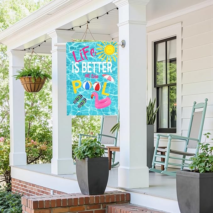 Life Is Better at the Pool Large House Flag Summer Pool Party Outdoor Double Sided Poolside Garden Flags Swimming Pool Flamingo Beach Ball Sunshine Yard Banner Porch Patio Decor 28 x 40 Inch
