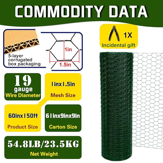 Chicken Wire 60inx150ft, Premium Chicken Wire Fencing, Chicken Wire Mesh, Green PVC Coated Metal Wire Fence, Galvanized Poultry Netting Barrier for Floral Arrangements/Craft Projects//Rabbit