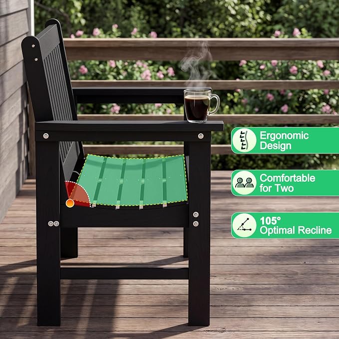 JUMMICO High-Density Polyethylene Outdoor Garden Bench, Ergonomically Designed, Weather-Resistant, 800-Pound Weight Capacity, Perfect for Gardens, Patios, Porches, and Backyards, 2-Person, Black