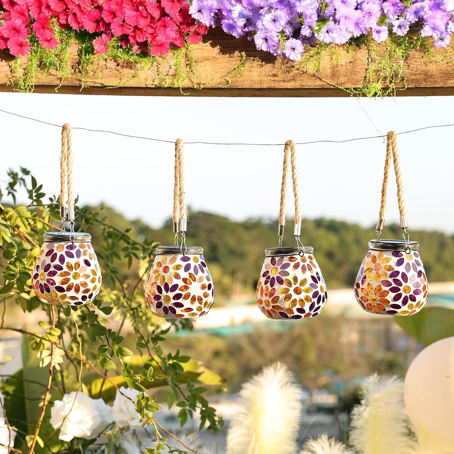 Cooo 2 Pack Mosaic Solar Lantern Outdoor Waterproof IP68 Hanging Projection Light Hidden Lid Pear-Shaped Lantern with Rope Handle Solar Powered Auto On for Patio Garden Fence Table -Petal Mirage