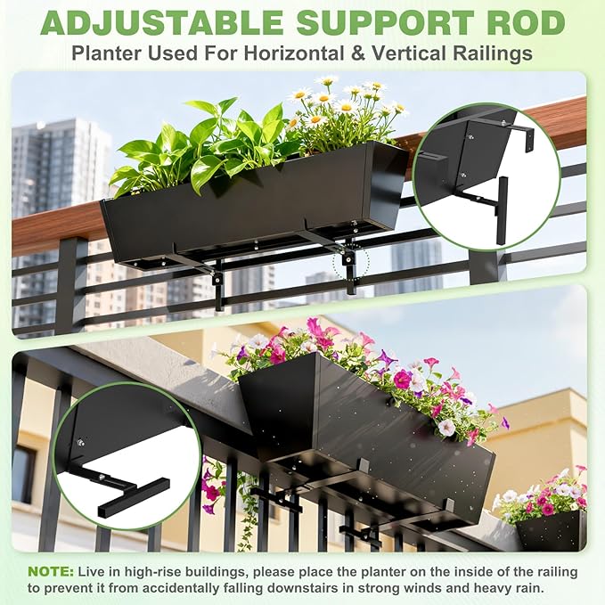 Railing Planter for Outdoor Plants 36'' Metal Hanging Flower Pot with Adjustable Brackets & Drainage Railing Planter Box Countryside Flower Plant Holder for Garden Yard Patio Balcony Deck Decor