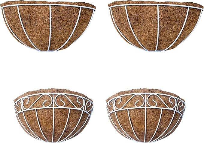 LalaGreen Bundle - 2 Pack,12 inch + 2 Pack,14 Inch White Metal Wire Hanging Planter with Coco Liner, Elegant Herb Flower Baskets Fence Railing Deck Balcony Wall Mount Outdoor Garden Patio Porch Decor