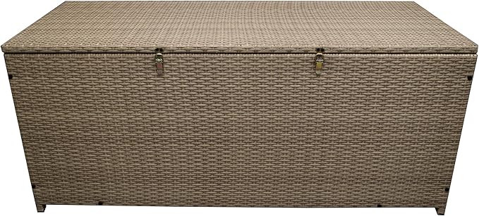 Oakland Living Tan Indoor and Outdoor Balcony Patio Deck Porch Pool 113 Gallon Wicker Storage Box Trunk Bin with Metal Frame