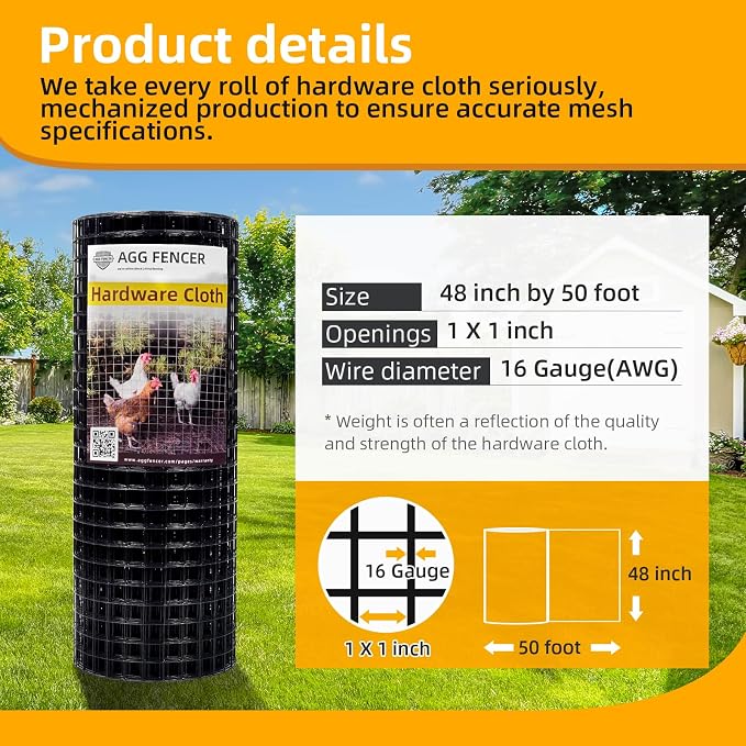 48in x 50ft Black Hardware Cloth 1 inch 16Ga PVC Coated Wire Mesh Vinyl Coated Fence, Welded Metal Chicken Wire Fencing Roll, Garden Plant Fencing, for Chicken Coop and Home Improvement