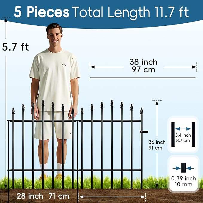 Thealyn Metal Garden Fence Panels 36" H x 28" W (4 Panels + 1 Gate,11.6 Ft Total), No Digging Decorative Garden Border Fence, Rust-Resistant Black Landscape Edging for Flower Beds, Yard, Patio