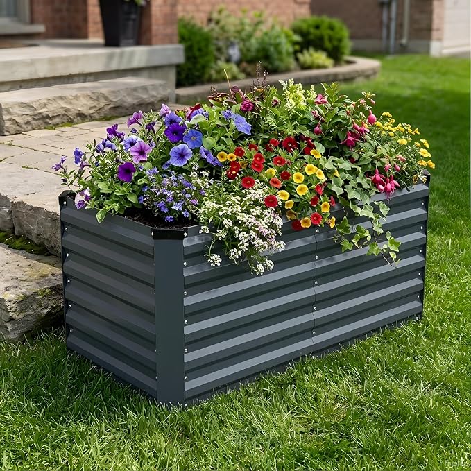 STBoo Galvanized Raised Garden Bed 6x3x2ft, Raised Beds for Gardening, Reinforced Support Bars & Safety Edges for Vegetables, Flowers, Herbs, Gray (Grey, 4x2x2FT)