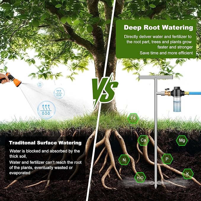 Deep Root Watering Tool for Trees & Plants, Tree Watering Spike, Stainless Steel Root Feeder with Fertilizer Bottle for Tree Watering Irrigation System with Brass Valve, T-Handle