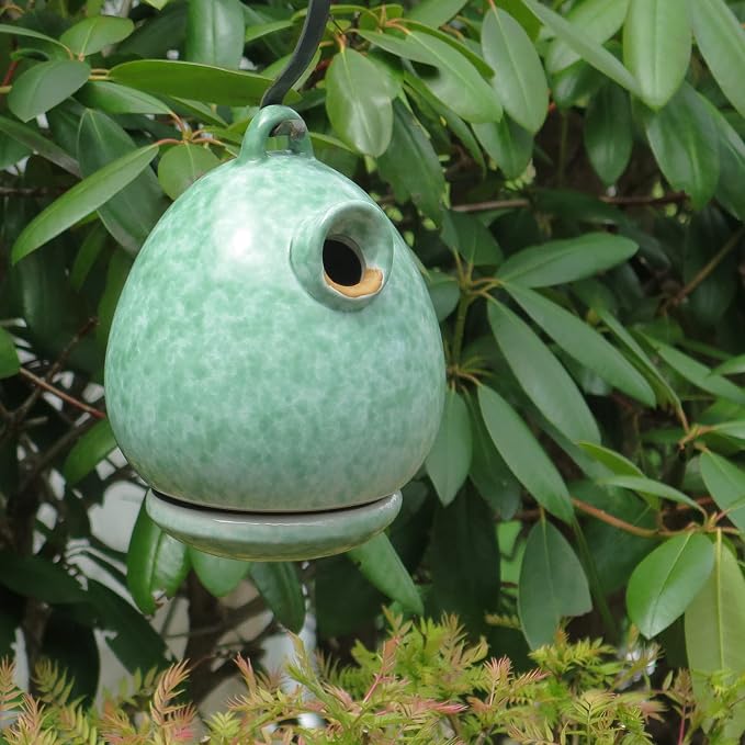 Byer of Maine Egg Bird Home for Small Songbirds, Meadow Green, High Fired Porcelain Stoneware, Ceramic Bird House, Glaze Finish, with Forged Steel Hook