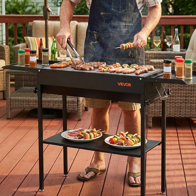 VEVOR Foldable Charcoal Grill, Portable Charcoal Barbecue Grill with Adjustable Height & Folding Side Tables, High-Temp Powder-Coated Steel Outdoor BBQ Grills for Camping Backyard Parties