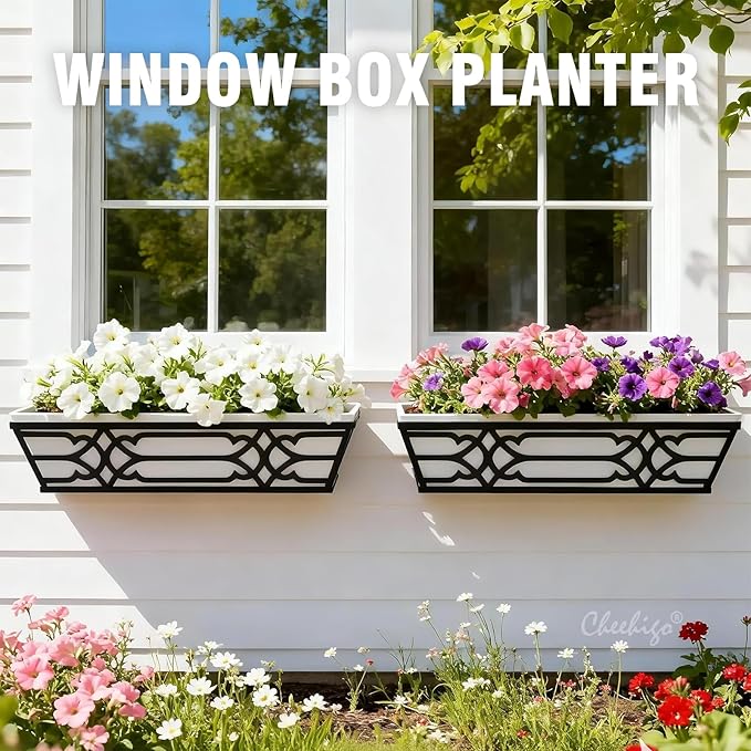 Window Planter Box, Railing Planter Box with Non-Woven Fabric Liners, 4 Pack 24" Hanging Flower Baskets for Outdoor Plants, Metal Deck Railing Planters with Adjustable Brackets, Apartment Balcony