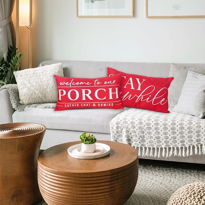 TAJWE Red Outdoor Pillow Covers Waterproof 12x20 Set of 2 Decorative Welcome to Our Porch Stay Awhile Cushion Cases for Patio Furniture Sofa Couch Decor