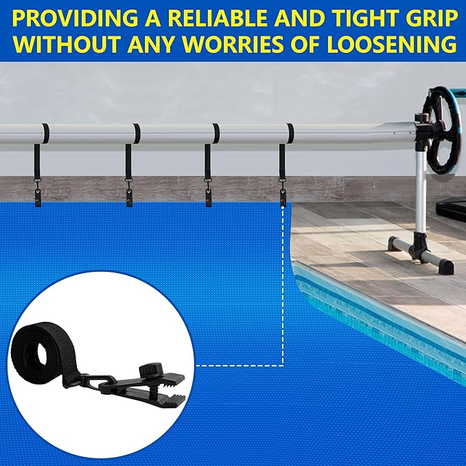 codree 24 Pcs Pool Solar Cover Reel Attachment Kit, Inground Swimming Pool Solar Cover Straps and Clips, Solar Blanket Strap Kit Including 8 Straps with Hooks, 8 Clips and 8 Touch Fastener (Black)