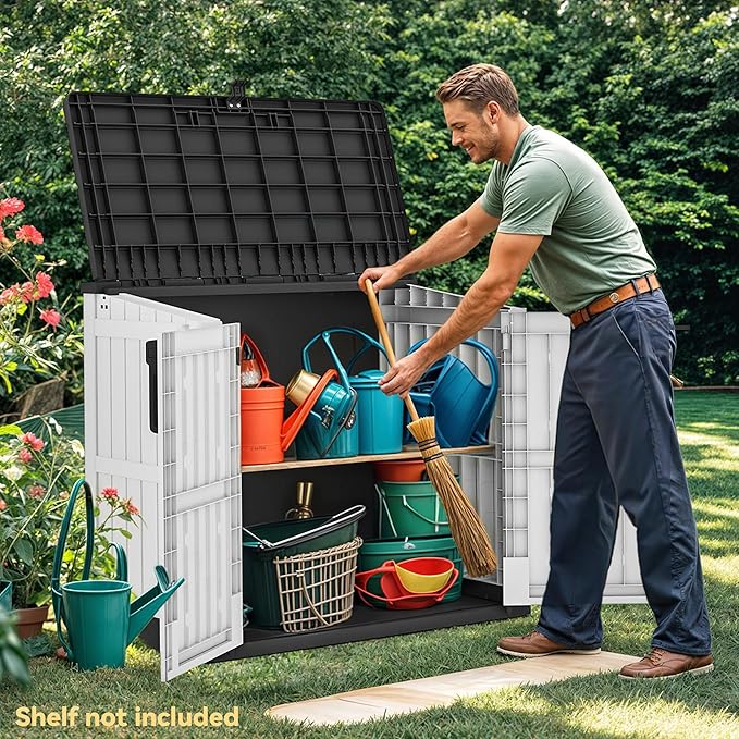 DWVO 36 cu ft Tool Storage Shed, Storage for Bakcyard, Patio, and Garden, Resin Plastic Shed with Sloped Lid, Lockable Door, and Wood Grain Finish, Light Gray