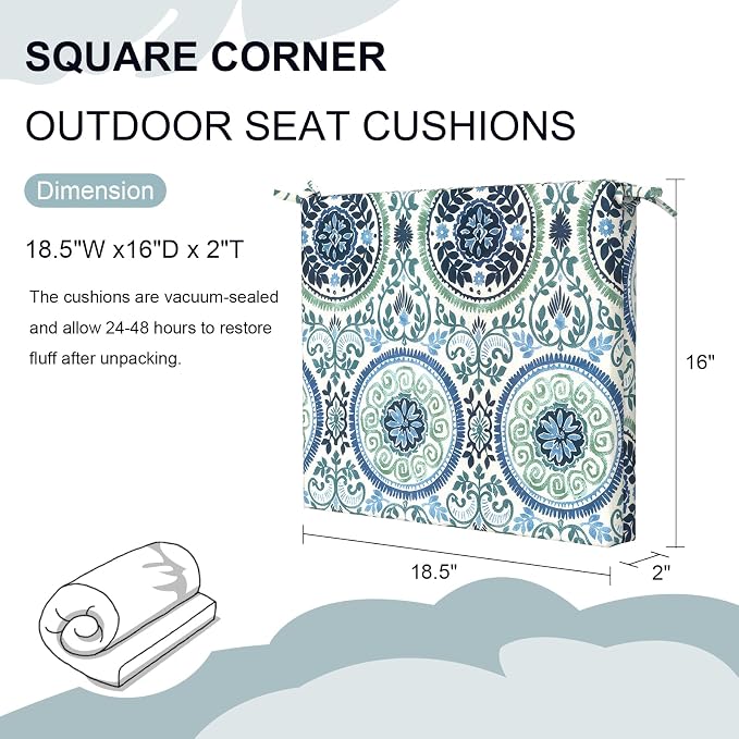 DYTXIII Set of 4 Outdoor Chair Cushions, Water Resistant 18.5"x16"x2" Square Seat Cushion for Patio Dining Chairs, High-Density Replacement Pads for Indoor Outdoor Furniture - Wreath Blue