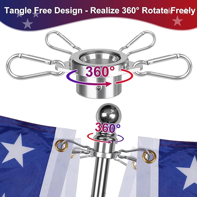Bearing Steel Ball Flag Pole Rings, Tangle Free Aluminum Alloy Flag Pole Spinners, 360° Rotating Flagpole Rings with Carabiners, Fit Flagpole with 0.75-1inch Diameter, Flagpole Parts, 1 inch Silver