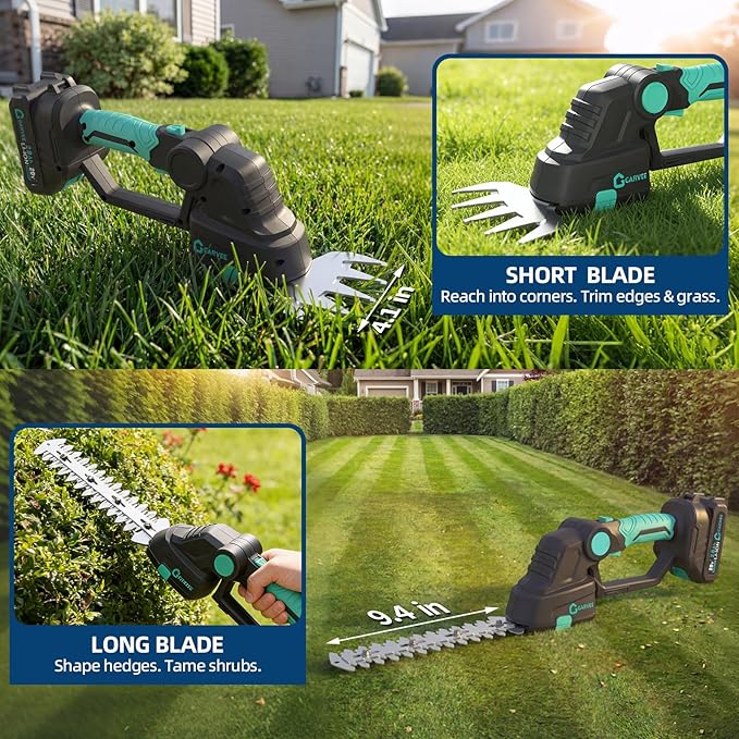 DEXSO Cordless Grass Trimmer Hedge Shears/Grass Cutter - 2 in 1 Handheld Electric Grass Shear with Shrubbery Trimmer Rechargeable Battery & Type-C Cable 2 * 2.0Ah Battery Charge